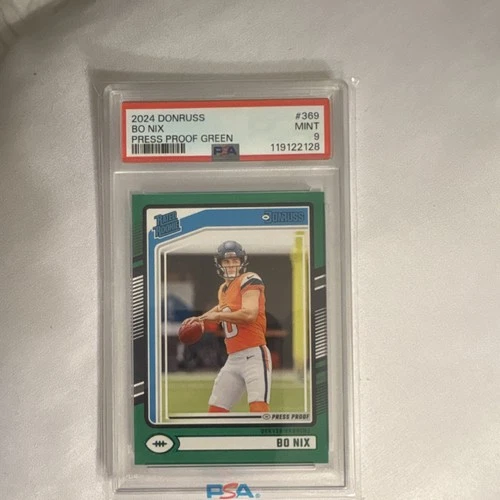 Panini 2024 Donruss Rated Rookie Bo Nix #369 Press Proof Green Broncos PSA 9