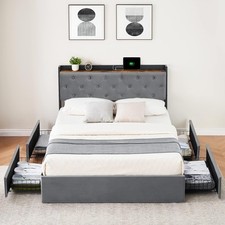 Full Queen Size Bed Frame w/ 4 Drawers  Charging Station  Stroage Headboard