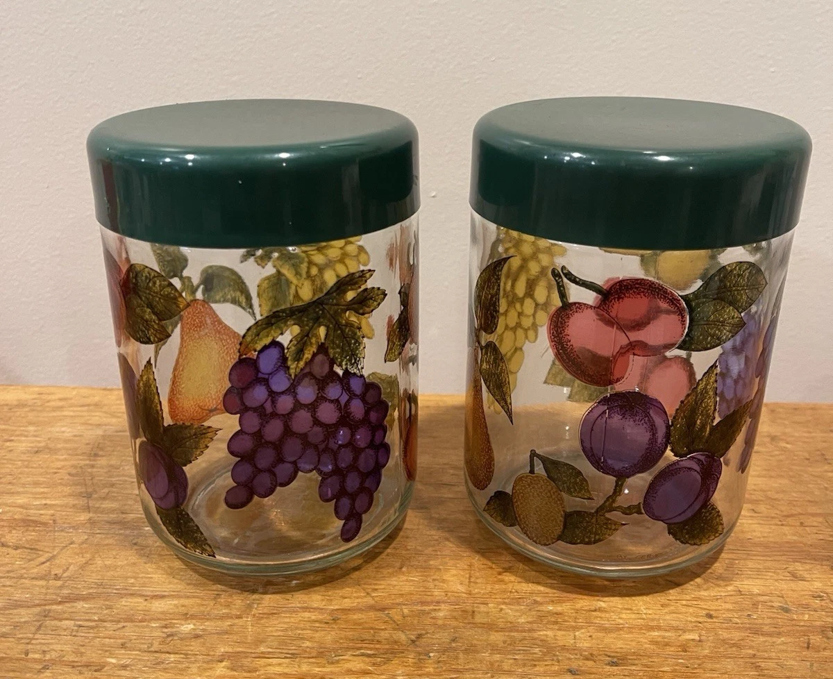 Two Cerve Italy Glass Fruit Design Canisters Stained Plastic Lids w Rubber seals