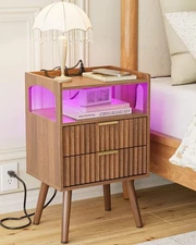 Nightstand with Charging Station and LED Lights,Modern Bedside Table with 2Dr...
