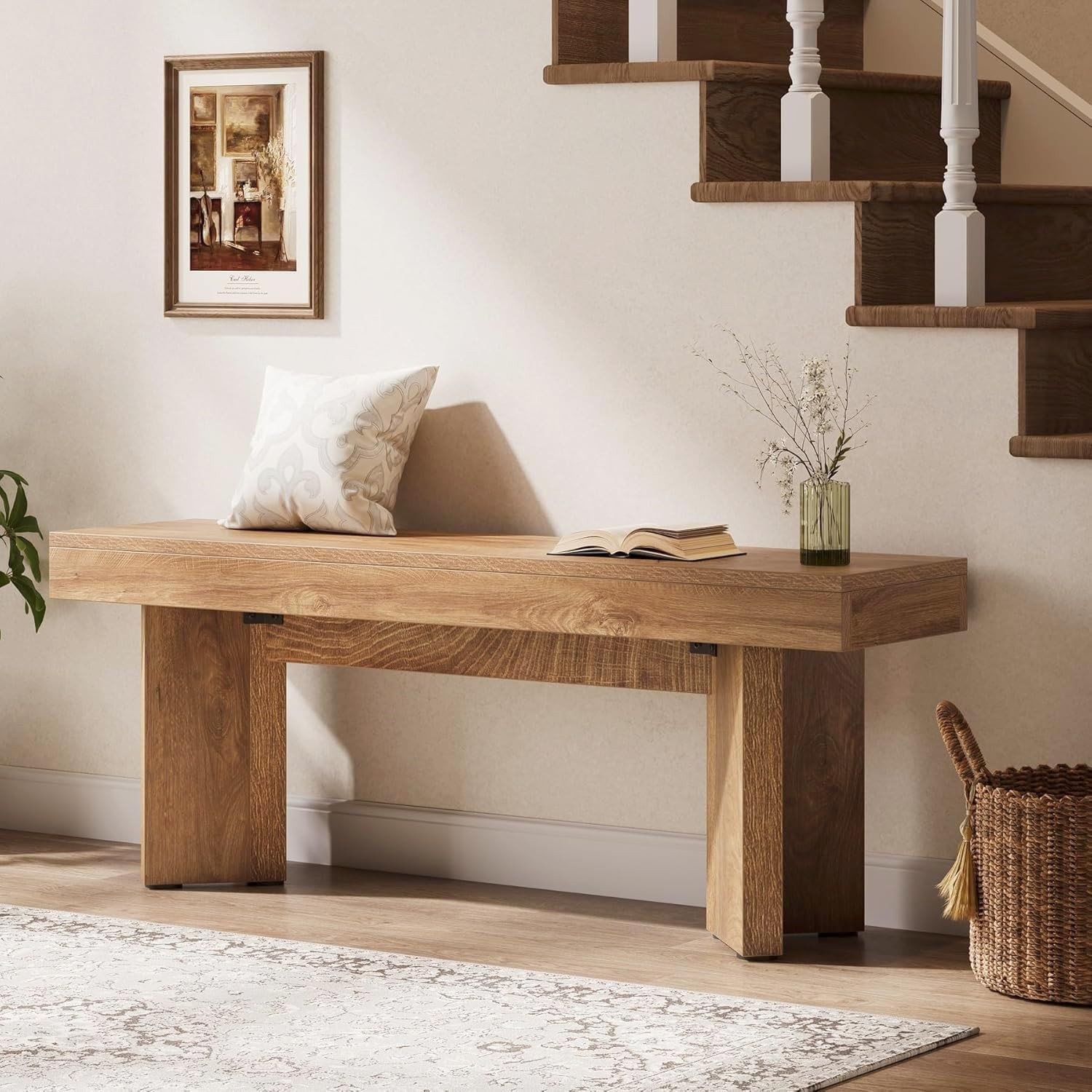 Wooden Entryway Bench, 47" Farmhouse Indoor End of Bed Bench Long Table Seat