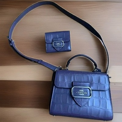 COACH Morgan Top Handle Satchel Purple Embossed 2way Hand Bag Bi-fold Wallet Set