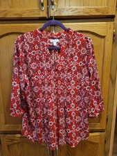 Red Floral Print Blouse By Charter Club Sz XL-Petite 3/4 Sleeve Excellent Condtn