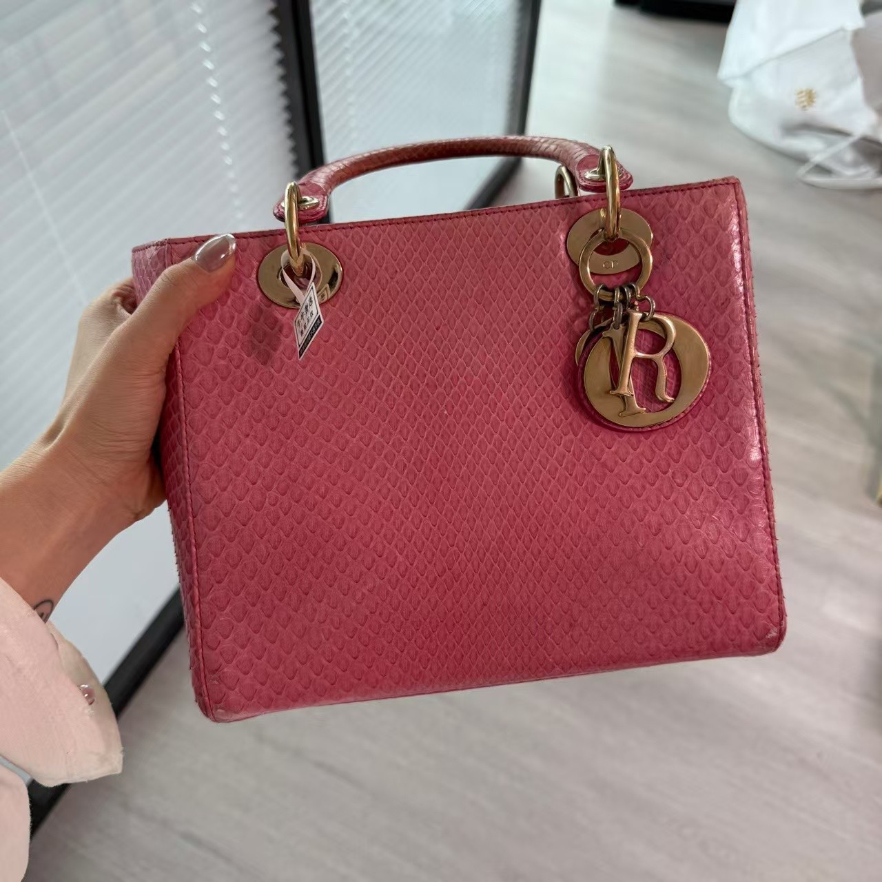 Dior Lady Dior Pink Snake Skin 5-Gusset Luxury Handbag 98% New