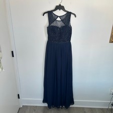 Davids Bridal Formal Gown, Navy Blue, Beaded Bodice, Keyhole Back, Sz 2
