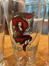 Miller High Life Beer Pilsner Glass with Woman on the Moon Logo Design Set Of 5