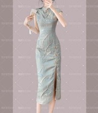 Women's Chinese Style Short Sleeves Cheongsam Dress Slit Slim Long Dress Green