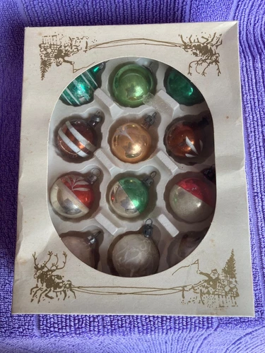 VINTAGE (1950s) 12 x SMALL glass CHRISTMAS tree BAUBLES ornaments BOXED
