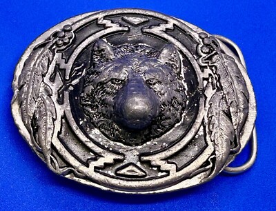 WOLF Howling Moon Dog Native Indian Feathers VTG 1995 Siskiyou Belt Buckle N-9 