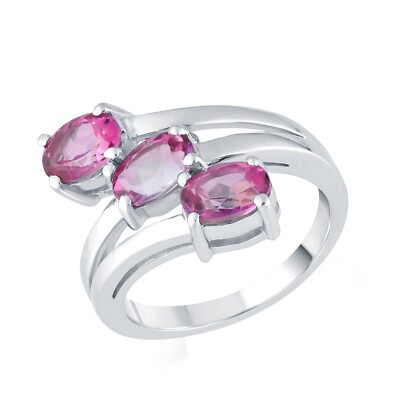 2.75Ct Oval Cut Natural Pink Topaz 14k Gold Plated Three Stone Engagement Ring