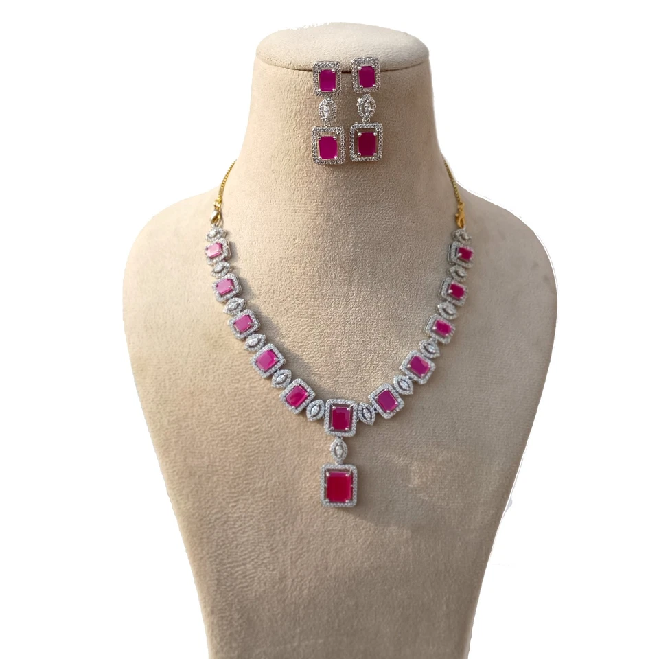 Premium Ruby Necklace jewelry, White plated Necklace, South Indian Necklace - Image 3 of 4