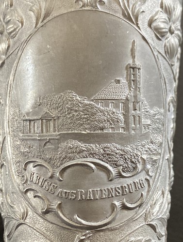 Antico Boccale di Peltro - Saluto Di Ravensburg - Floreale Decorato Circa 1900 - Picture 2 of 6