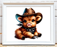 Cow Wall Art Print, Highland Cow With Hat Print Farmhouse Decor, Home Decor 88