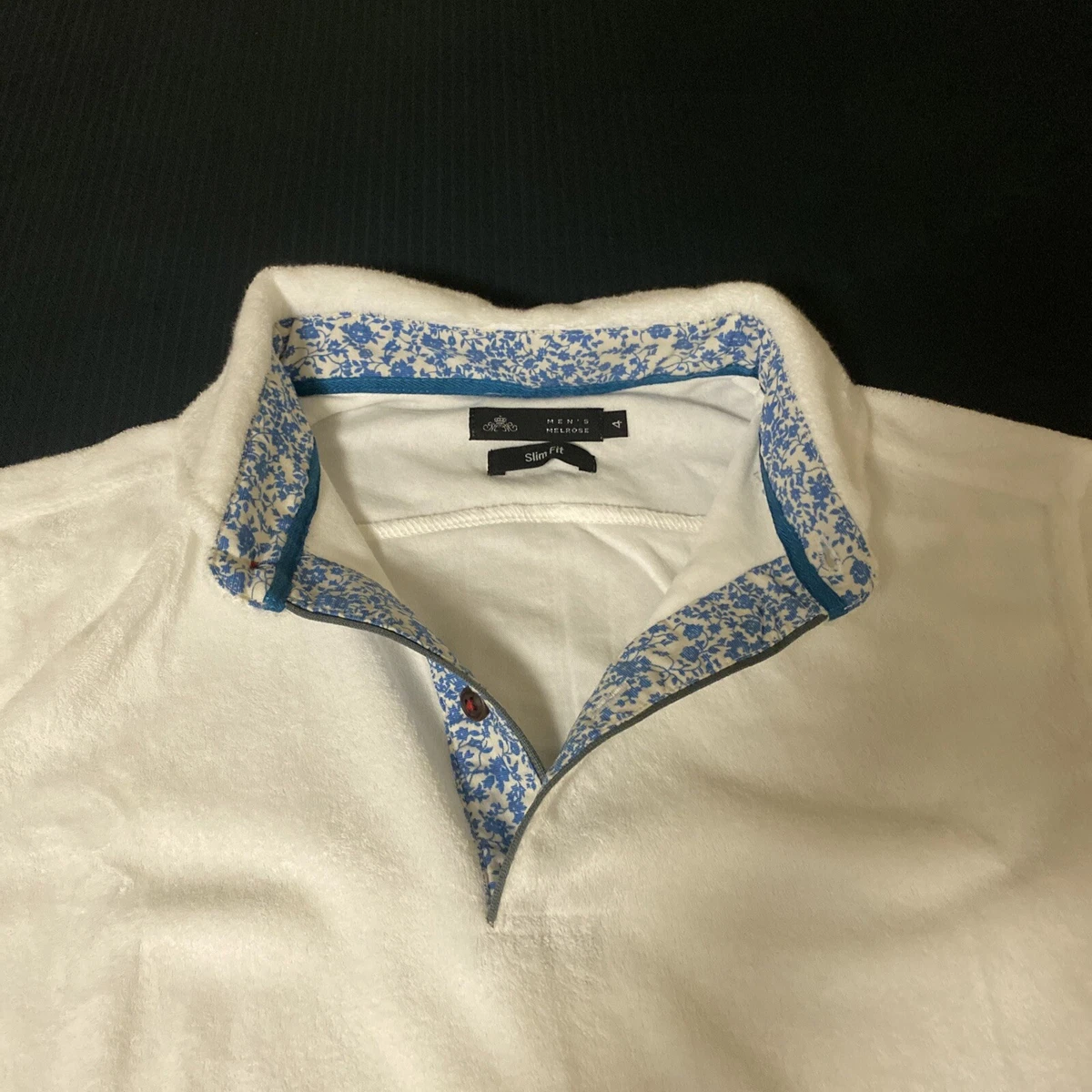 Men’s Melrose White w/Blue Floral Trim Fuzzy Button Up T-Shirt