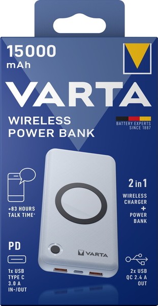 Varta Powerbank Mobile Ladestation Wireless 15000 Mah Typ A / Typ C Usb Out Weiß-image