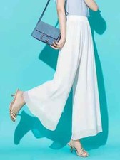 Women's Solid Ivory White Chiffon Elastic Waist Wide Leg Palazzo Pants Size XL