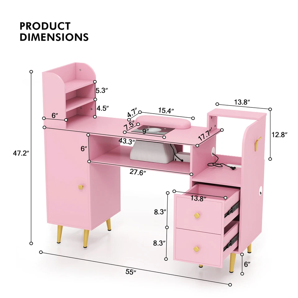 Estación de mesa de manicura de escritorio de uñas rosa con colector de polvo, estante, cajón, gabinete, USB Foto 3 de 4