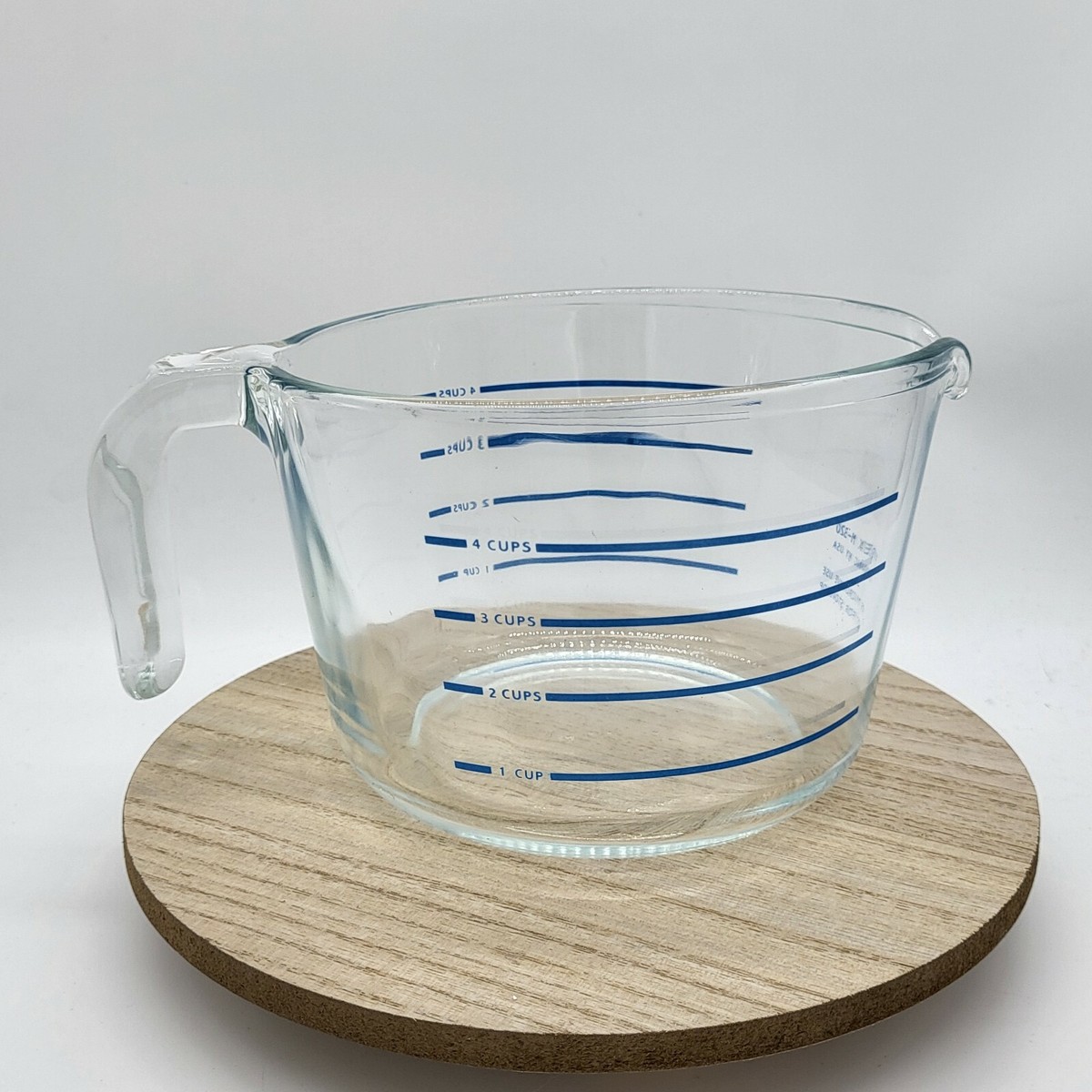 Vintage PYREX Glass Cup Measuring Bowl M-320 Blue Lettering L Handle  USA