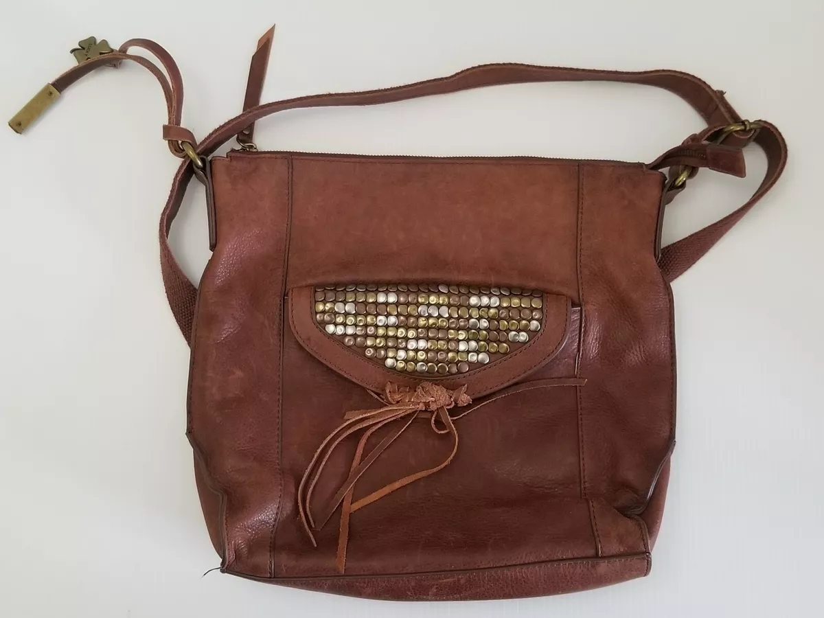 Lucky Brand Crossbody Handbag Brown Leather Stud Fringe Purse Shoulder Bag