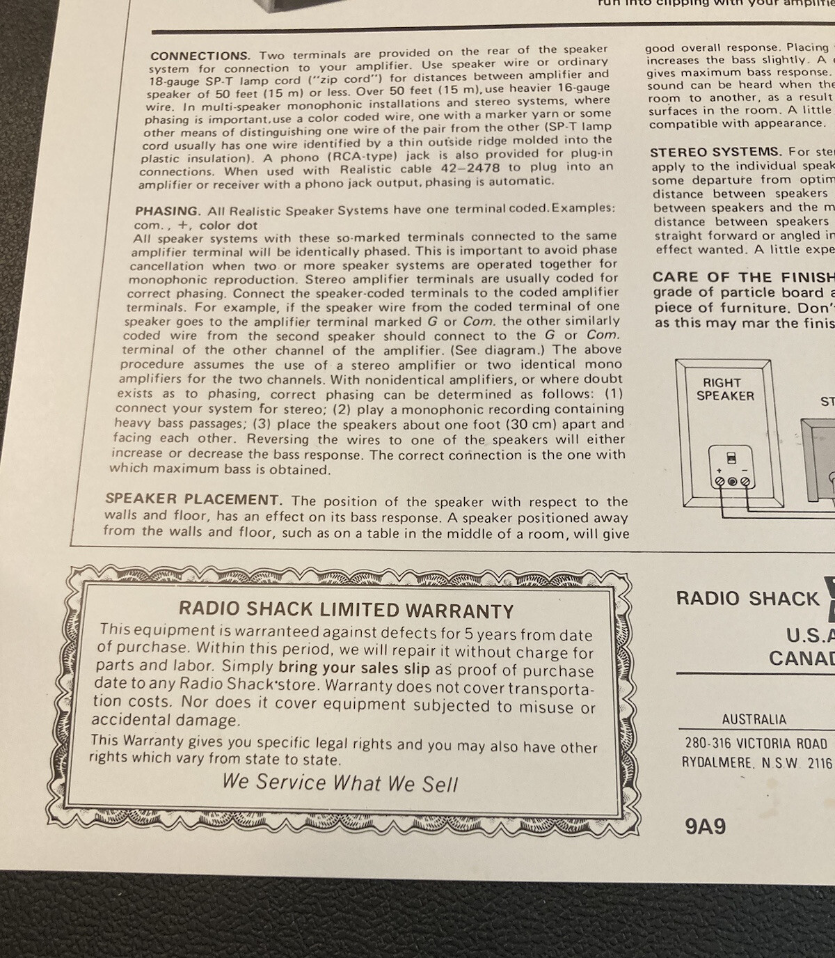Realistic MC-2001 Bass Reflex Speaker System Instruction Sheet Manual ...