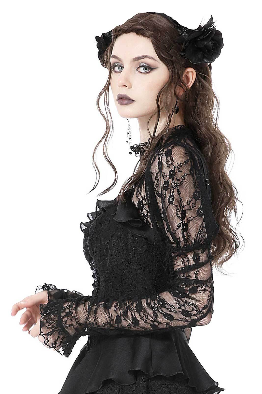 DARK IN LOVE Victorian Lace Top Gothic Spitzen Bluse Transparent Schwarz