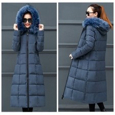 Lady Long Puffer Coat Jacket Hooded Faux Fur Collar Padded Outerwear Elegant Top