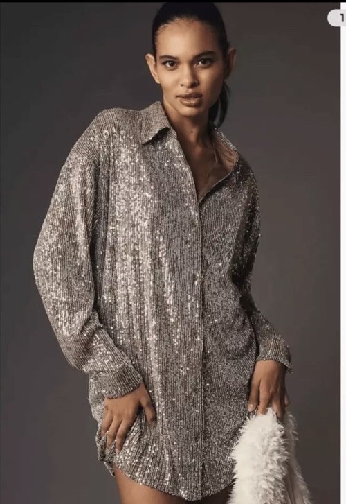 Anthropologie Flat White Sequin Tunic Mini Dress, Small, New!