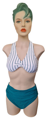 Cupshe Damen Bikini Bademode Oberteil grün/weiß gestreift Unterteil grün Gr. M