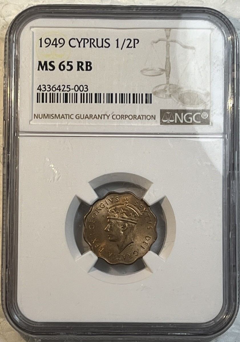 Cyprus 1949 Half Piastre 1/2 P, KM# 29 NGC MS65 RB Only 3 Graded