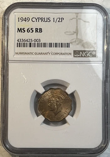 Cyprus 1949 Half Piastre 1/2 P, KM# 29 NGC MS65 RB Only 3 Graded Higher, Beauty!