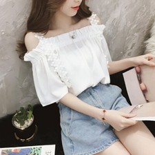 Women Chiffon Blouses Short Sleeve Strapless Off Shoulder Lace Shirt Sweet