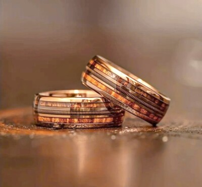 Rose Gold Stainless Steel ''Guitar String'' Style & Natural Koa Wood Mens Ring