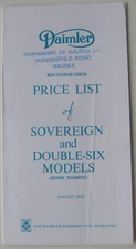 Daimler Original UK Price List 1972 Aug  Models XJ Sovereign & Double-Six