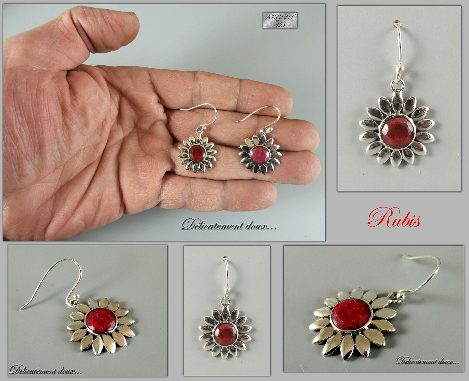 Boucles d'oreilles rubis et argent 925 massif style joaillerie fine