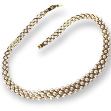 Faux pearl braided collar necklace with bright gold tone