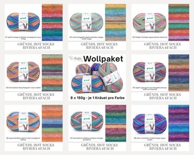 Wollpaket Sockenwolle ''Gründl Hot Socks Riviera 6fach'' 8x150g, je 1 Farbe im Set