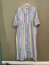 Collections Etc Cotton House Dress Pastel Stripe Zip Side Pockets Long Maxi XLG