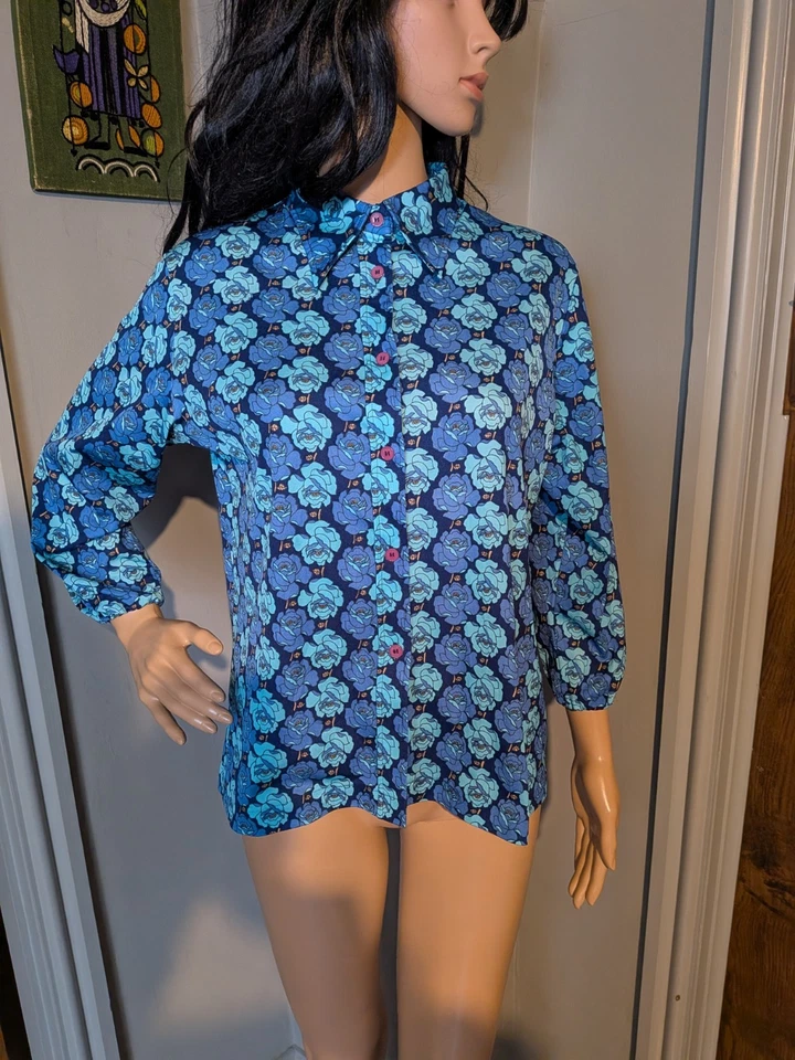 Vintage 70s Blue Rose Floral Blouse Shirt Top Mod Boho M 12 14 42" - Image 2 of 4