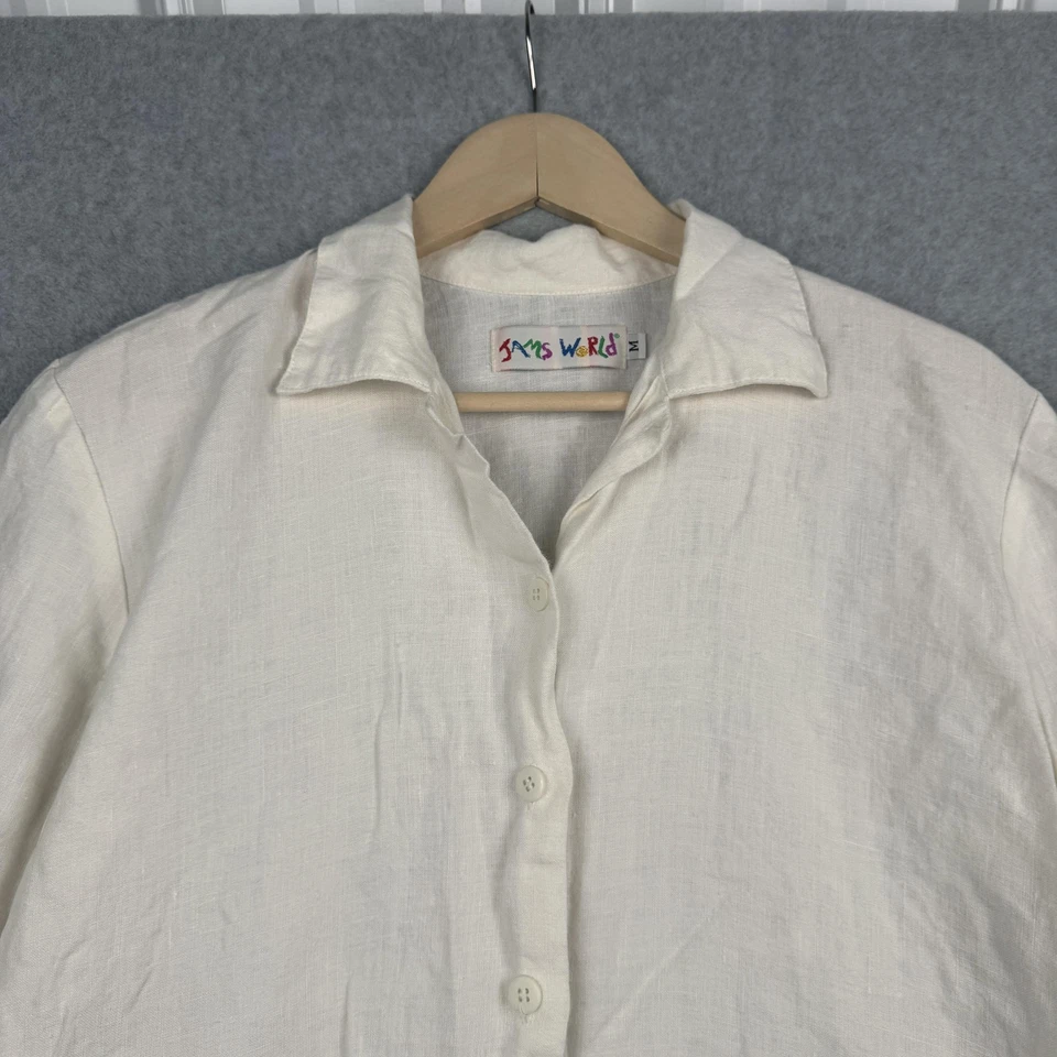 Camisa Jams World Mujer Mediana Marfil Lino Abotonada Manga 3/4 Túnica Hecha en EE. UU. Foto 4 de 4