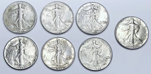 LOT OF 7 MIXED DATE CHOICE AU++ WALKING LIBERTY HALF DOLLARS! MUST SEE! NR#G3468