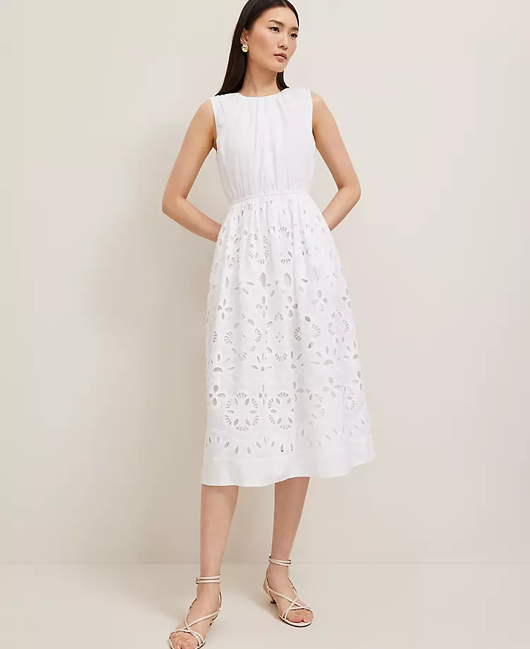 NEW ANN TAYLOR $189 WHITE EYELET FLARE MIDI DRESS SZ 0