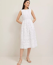 NEW ANN TAYLOR 189 WHITE EYELET FLARE MIDI DRESS SZ 4