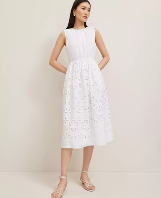 NEW ANN TAYLOR $189 WHITE EYELET FLARE MIDI DRESS SZ 4 | eBay