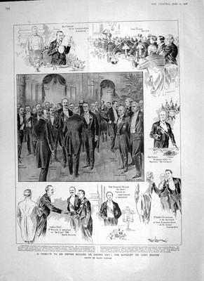 Alter antiker Druck 1906 Empire Day Bankett Lord Milner Balfour Cavendish 20.