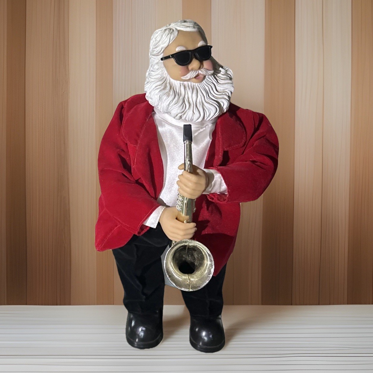Santa Figurine Wears Sunglasses has Saxophone Plays Music Only Christmas Decor