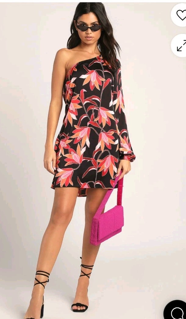 NWT Lulus Bahamas Beauty Black Tropical Print Satin One-Shoulder Dress Medium