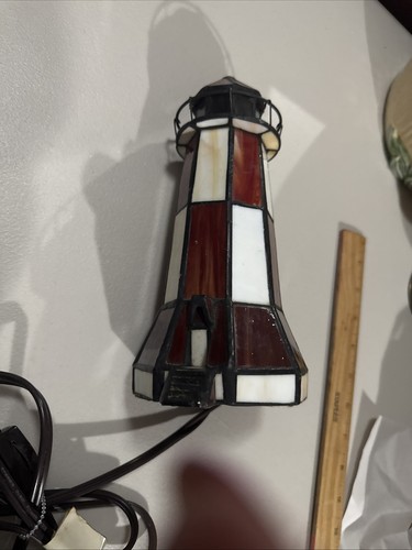 Stained Glass Red White Lighthouse Accent Light Nautical Lamp 9" H