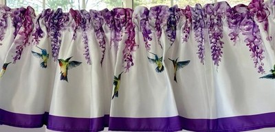 Hummingbird & Wisteria Floral Window Valance 15'' x 70 Purple Trim NOS Lovely