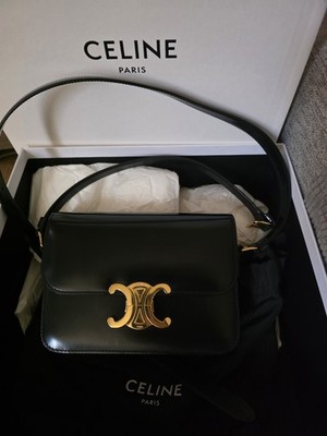 Celine Teen Triomphe Bag In Shiny Calfskin Leather Black with Gold Hardware