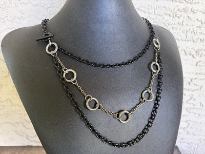 Layered Black & Silver Tone Necklace With Rings - 19  Fashion Jewelry